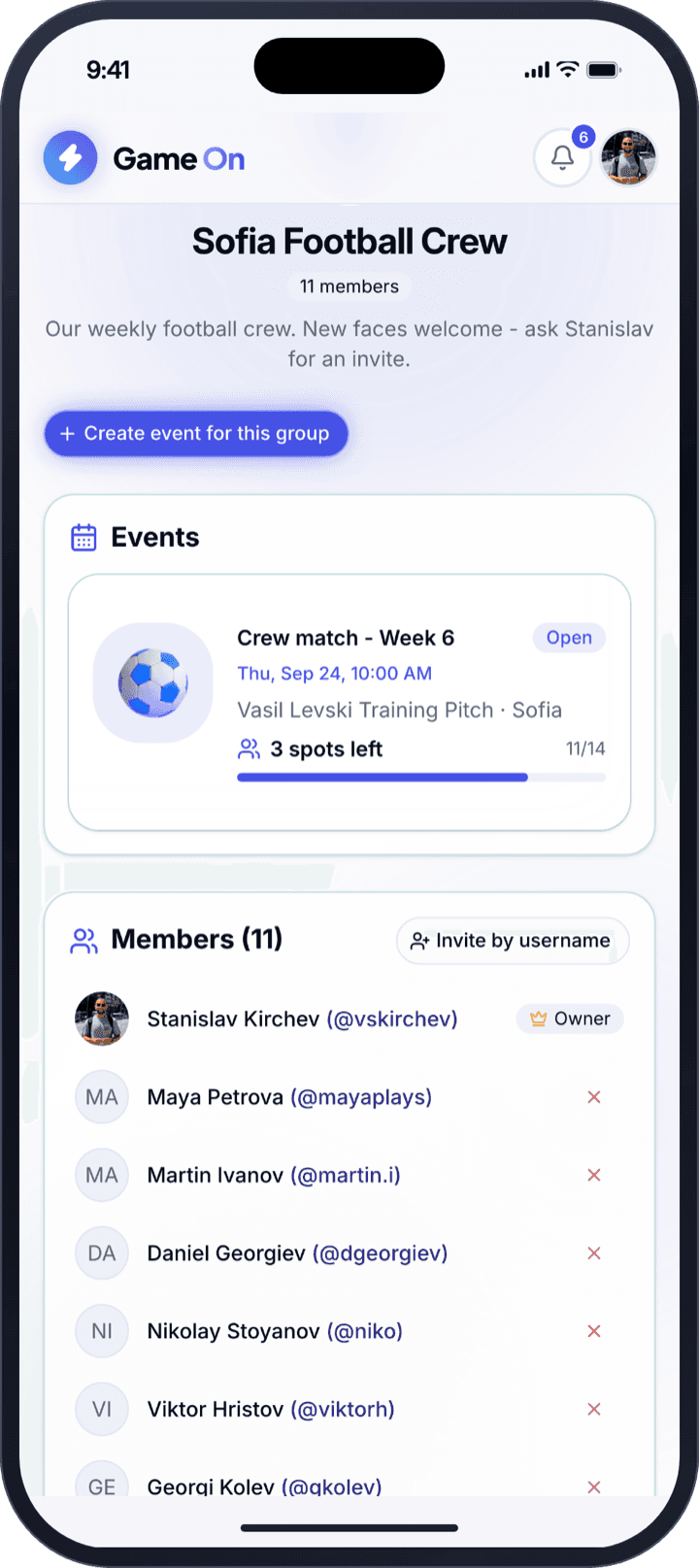 Game On private group with its upcoming game and members